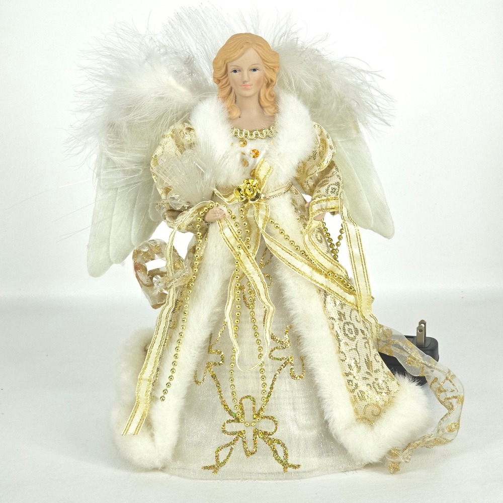 Vintage Lighted Angel Tree Topper White Gold Wings Fiber Christmas Decor VIDEO